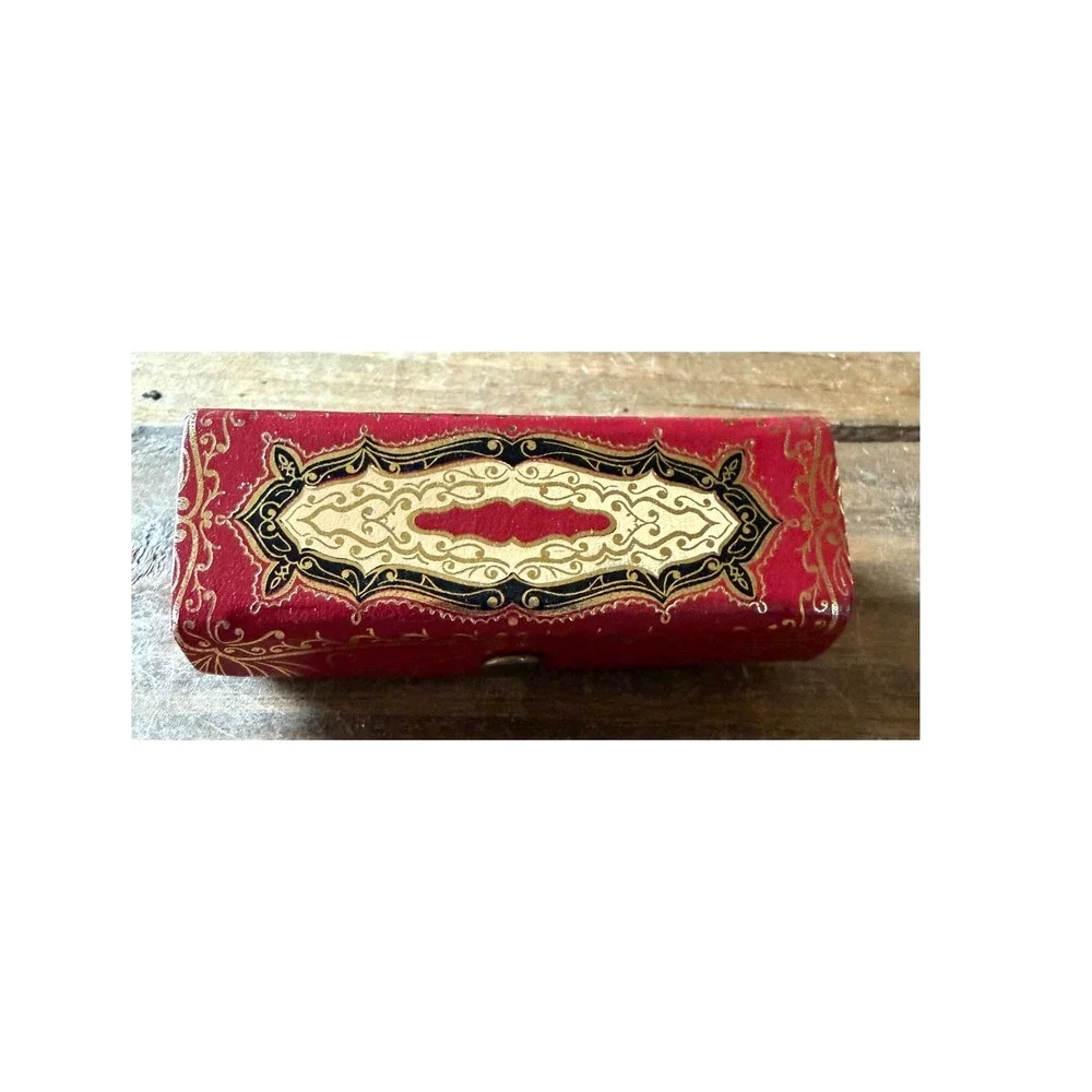 Vintage Italian Red Leather Lipstick Case Gold Florentine Scroll Mirror Italy